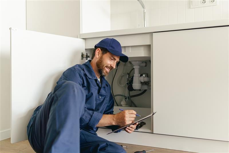 Residential plumber reviewing plumbing repairs in a Clermont kitchen
