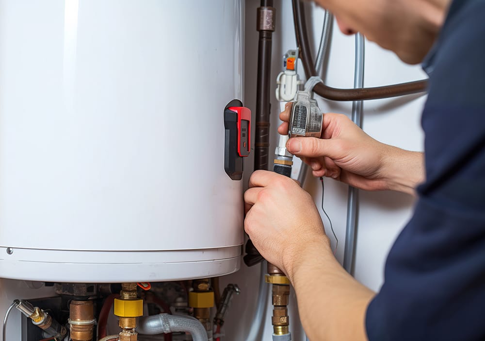 Technician repairing pipes connected to a water heater in Clermont